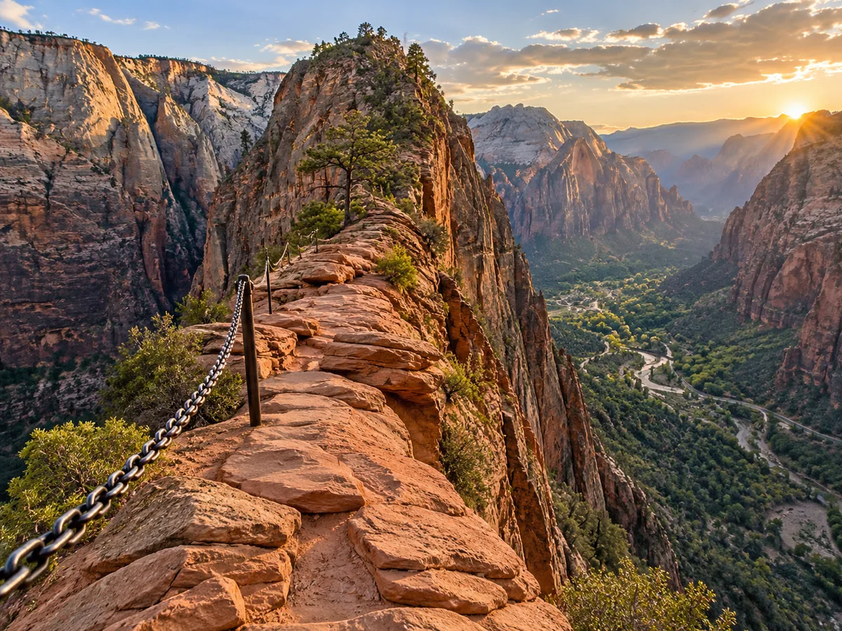 Narrow sandstone ridge with a chain handrail above a canyon